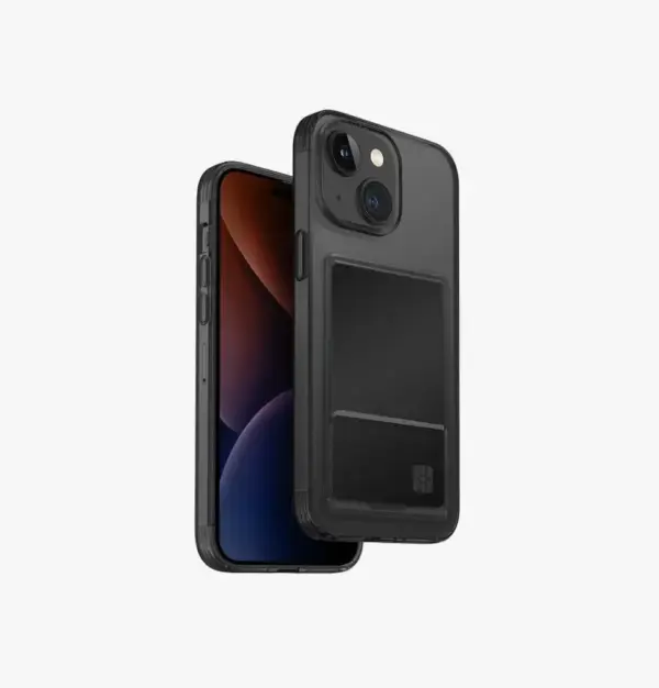 UNIQ AIRFENDER ID SLIM FLEXIBLE CLEAR CASE WITH INTEGRATED CARD SLOT FOR 2023 IPHONE 15 | GREY TINTED